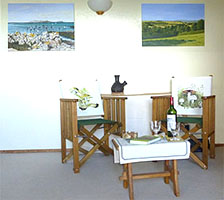 director's chairs with botanical mushroom images of ceps and field mushrooms printed on the back panels from watercolour paintings by Peter Thwaites