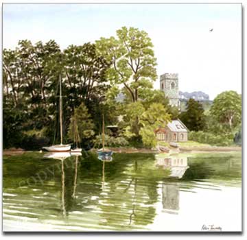 St Winnow Church and moorings, watercolour by Peter Thwaites