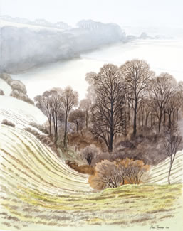 Hambledon Hill, winter morning, fine art prints from watercolour by Peter Thwaites