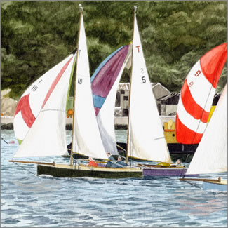 Troys racing in Fowey Harbour from a watercolour by Peter Thwaites